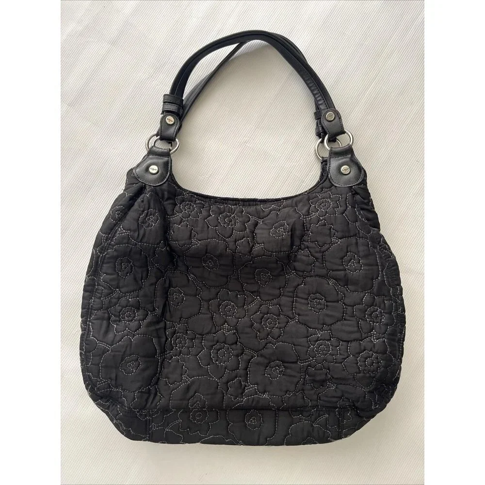 Thirty One Shoulder Bag Womens Black Flower‎ Poppy Quilted Hobo Purse 3 Sections